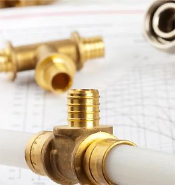 Close-up of copper and brass pipe fittings during a plumbing installation